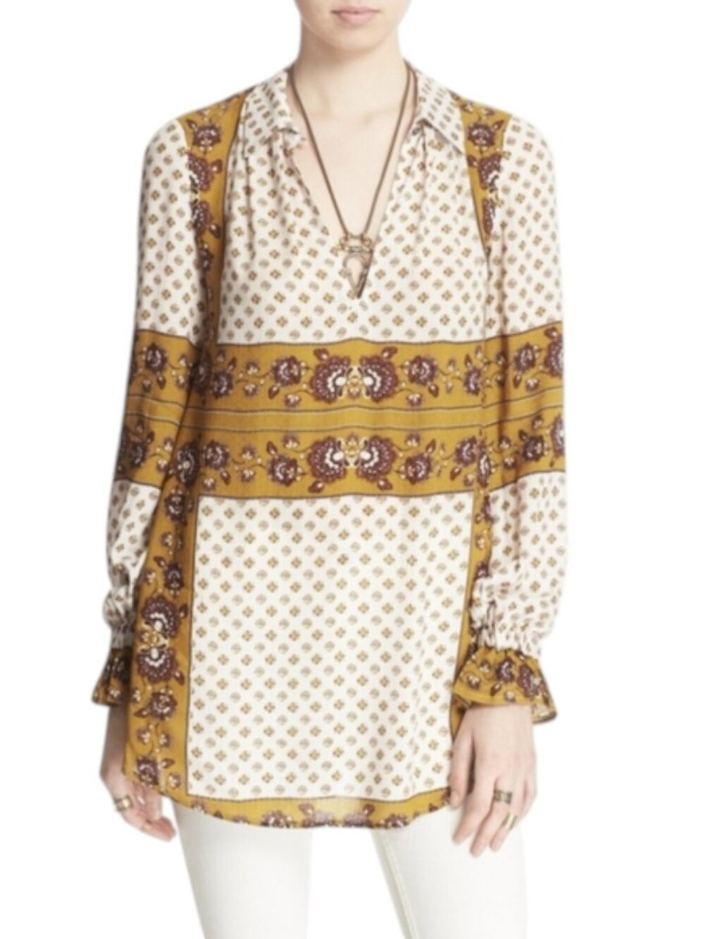 Free People Changing Times Cream Gold Print Long Sleeve Pullover Tunic Top